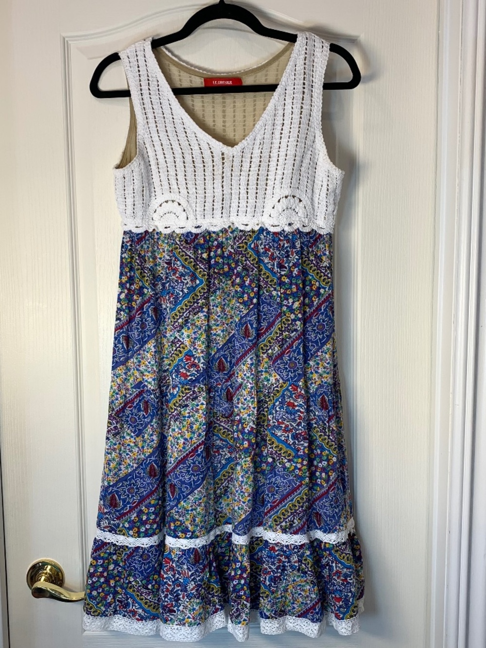 Crochet Bodice Boho Dress Patchwork Cotton Unique Summer Midi‎ Size S